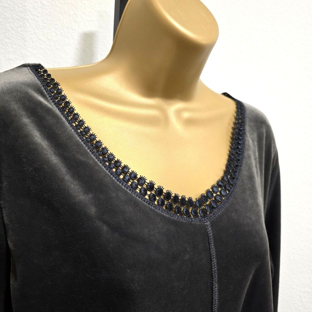 Jones New York Velvet Gray Midi Dress Lge Lace Trim Modest Dark Minimalist Chic